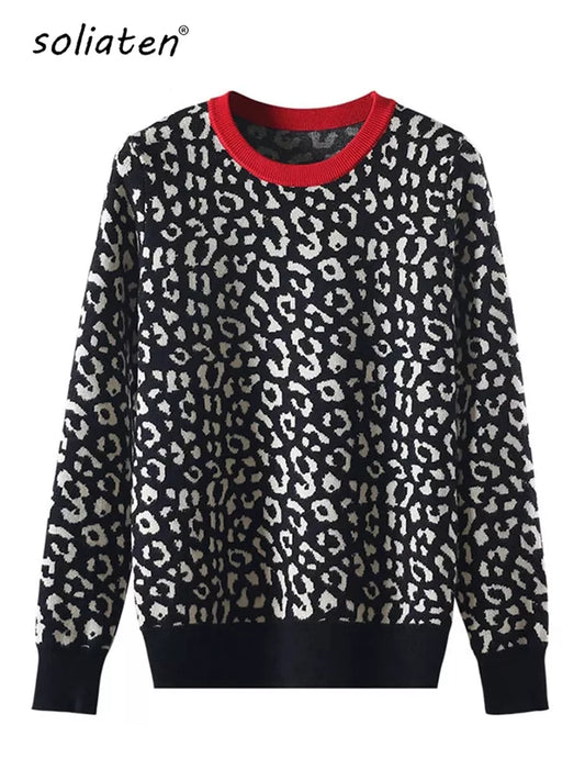 Autumn Winter Women Sweaters Leopard Knitted Pullovers Long Sleeve Contrast Color Crewneck Jumpers Sweter Mujer C- 026