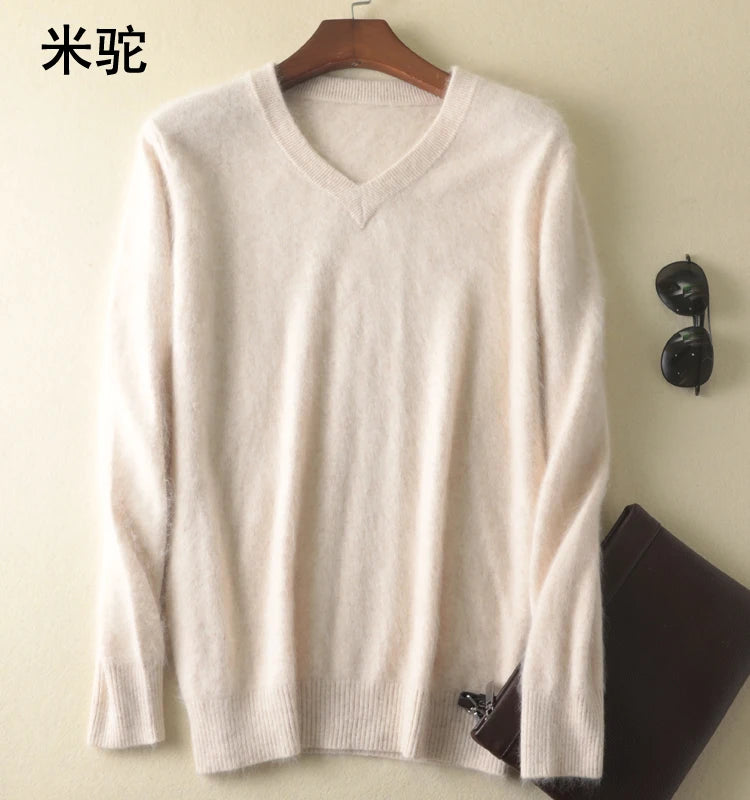 Classic Men's 100% Mink Cashmere Sweaters 2020 Solid Color V-Neck Casual Knitted Pullovers Winter Men Long Sleeve Warm Jumper