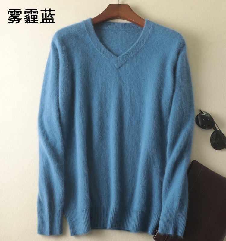 Classic Men's 100% Mink Cashmere Sweaters 2020 Solid Color V-Neck Casual Knitted Pullovers Winter Men Long Sleeve Warm Jumper
