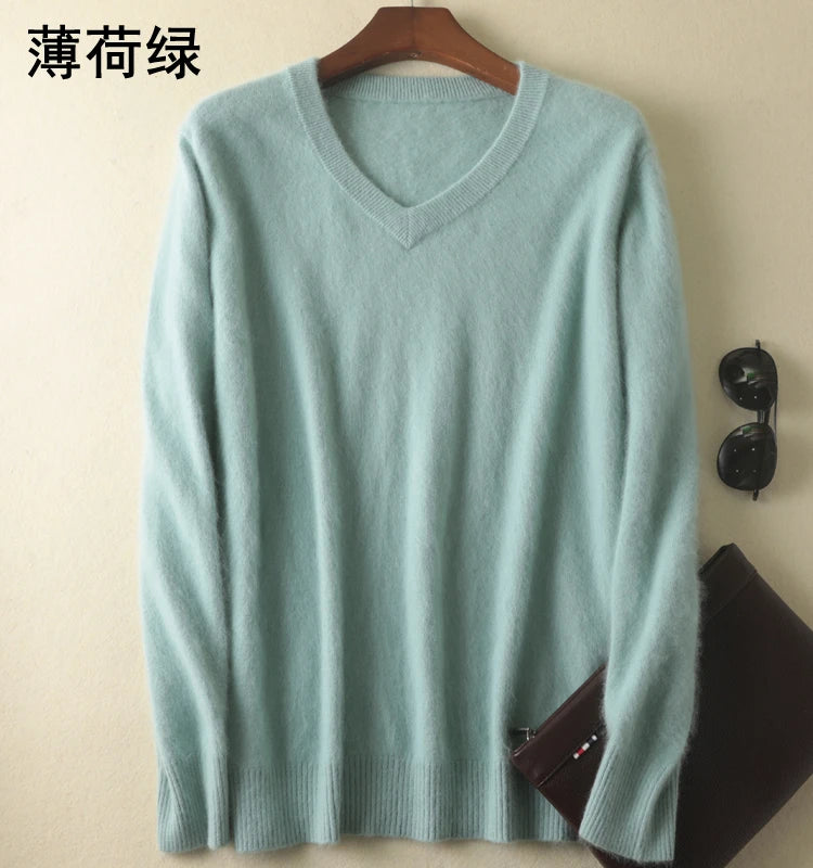 Classic Men's 100% Mink Cashmere Sweaters 2020 Solid Color V-Neck Casual Knitted Pullovers Winter Men Long Sleeve Warm Jumper