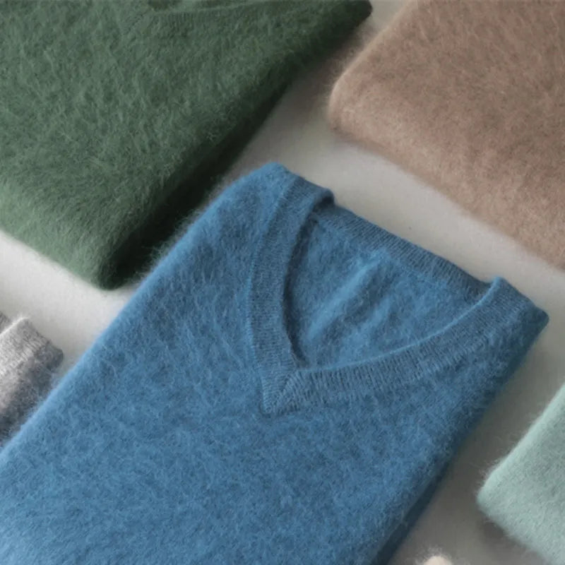 Classic Men's 100% Mink Cashmere Sweaters 2020 Solid Color V-Neck Casual Knitted Pullovers Winter Men Long Sleeve Warm Jumper
