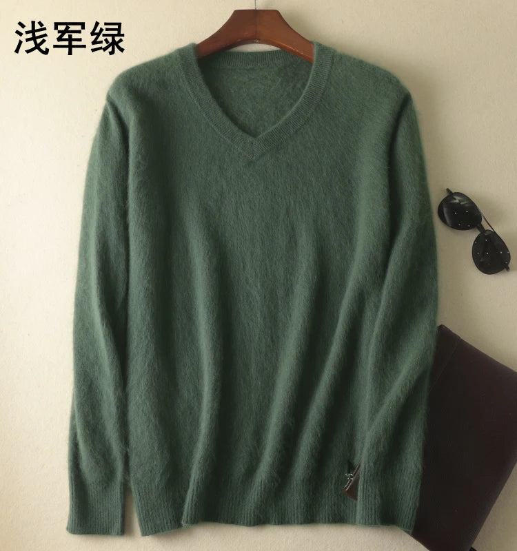 Classic Men's 100% Mink Cashmere Sweaters 2020 Solid Color V-Neck Casual Knitted Pullovers Winter Men Long Sleeve Warm Jumper