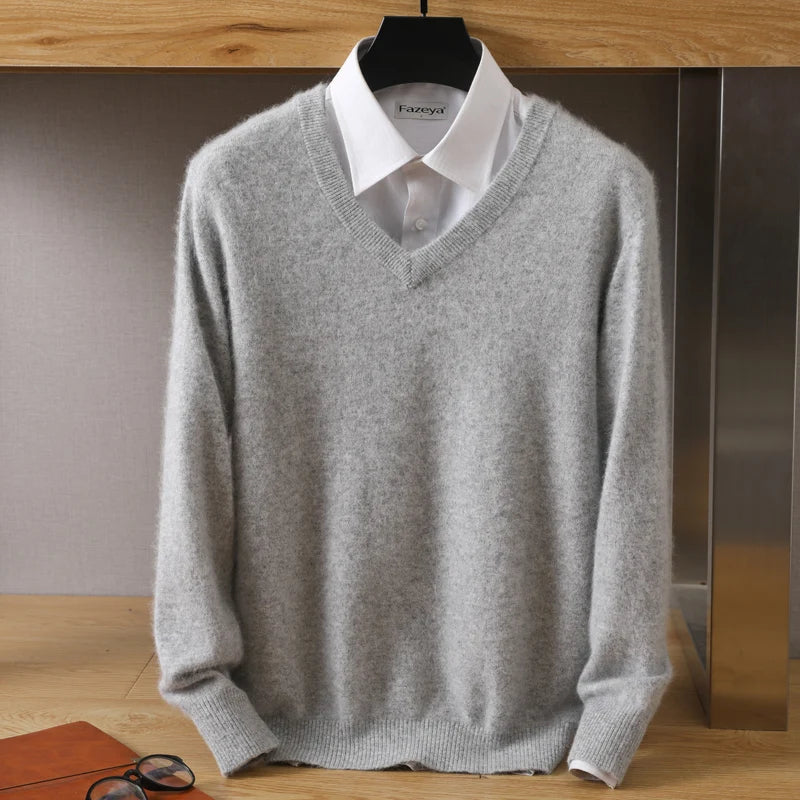 100% Pure Mink Cashmere Sweater Men's V-Neck Pullovers Knit Large Size Mink Sweater Winter New Long Sleeve High-End Jumpers Tops