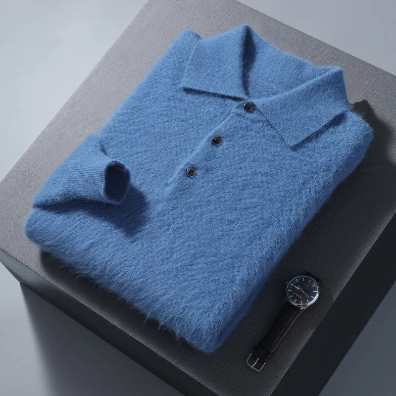Men's 100% Mink Cashmere Large Size Sweaters Autumn Winter Solid POLO-neck Casual Knit Pullovers Men Long Sleeve Warm Jumper to