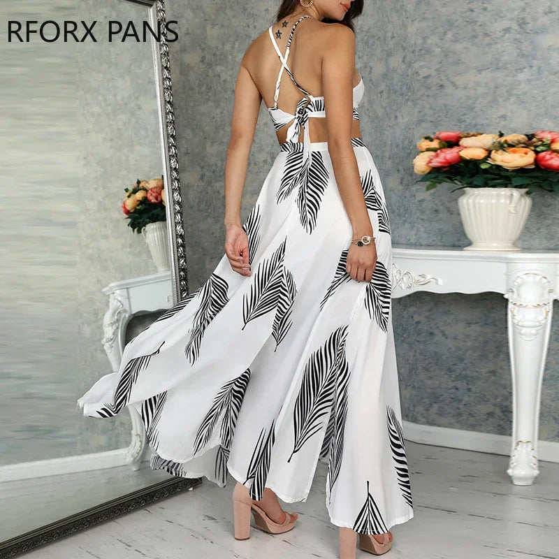 Women Leaf Print Backless Two Pieces Dress Cami Top & Split Maxi Set Dress