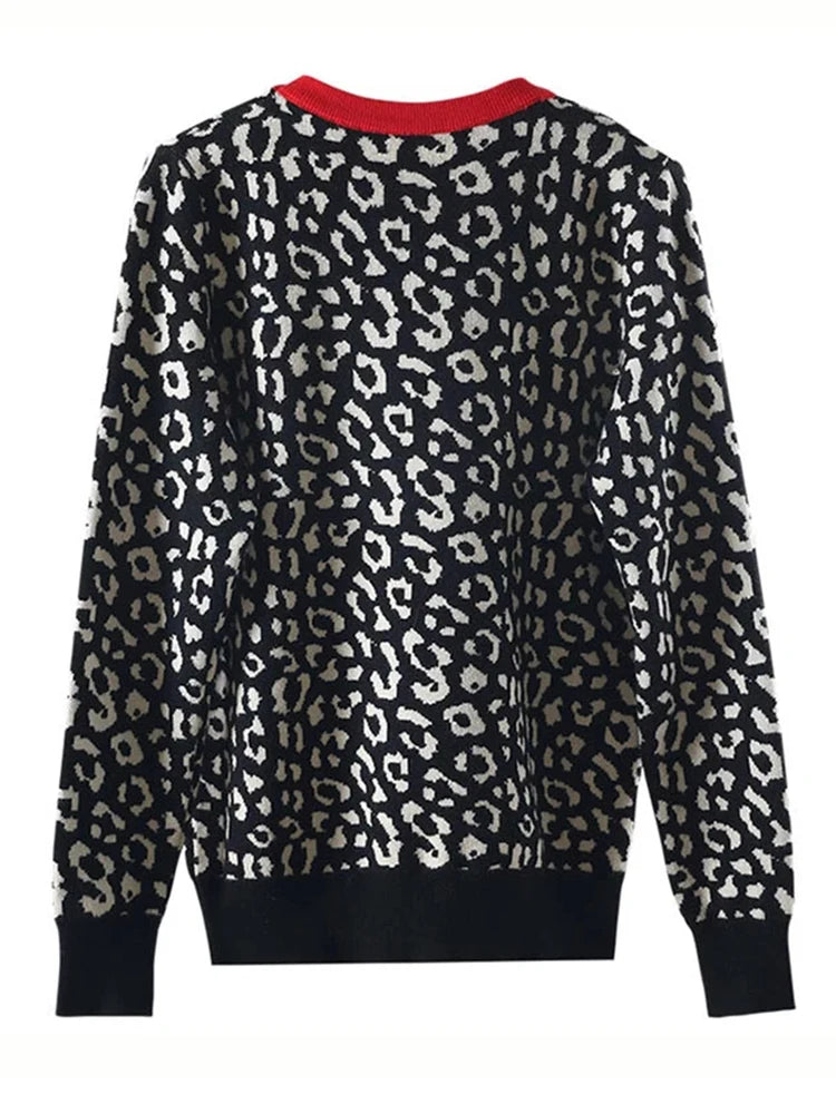 Autumn Winter Women Sweaters Leopard Knitted Pullovers Long Sleeve Contrast Color Crewneck Jumpers Sweter Mujer C- 026