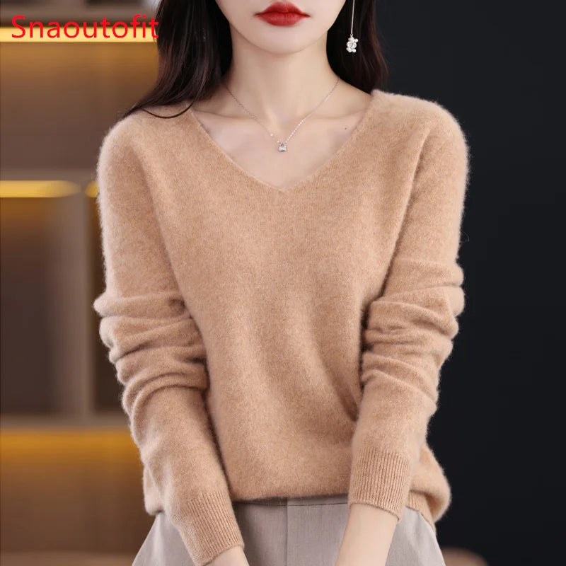Wool Women's Sweater 2023 Autumn Winter Knitted Pullover V-neck Loose Bottoming Shirt Solid Soft Knitwear Jumpers Basic Sweaters