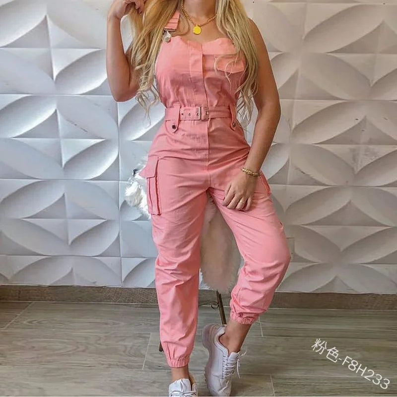 Lady Pink Jumpsuits Casual Sleeveless Polyester Ankle Tied Cargo Jumpsuits For Working Overall Jumpsuits OUFY-689