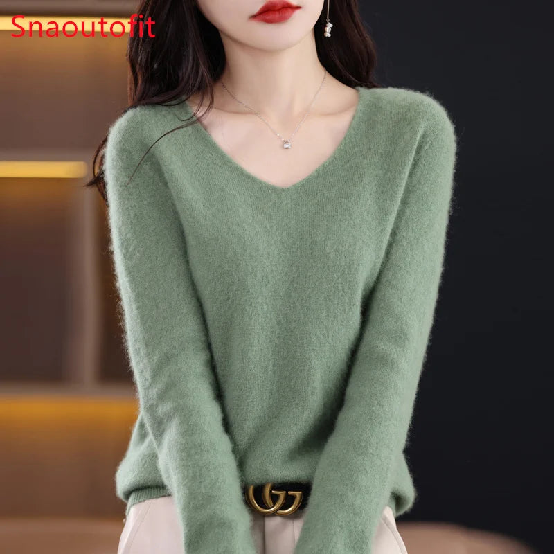 Wool Women's Sweater 2023 Autumn Winter Knitted Pullover V-neck Loose Bottoming Shirt Solid Soft Knitwear Jumpers Basic Sweaters