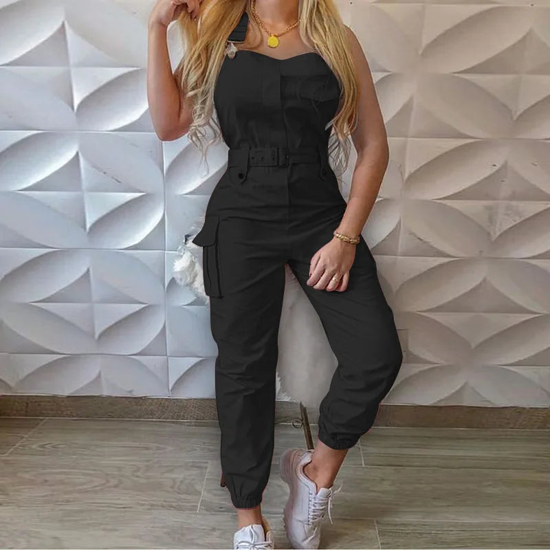 Lady Pink Jumpsuits Casual Sleeveless Polyester Ankle Tied Cargo Jumpsuits For Working Overall Jumpsuits OUFY-689