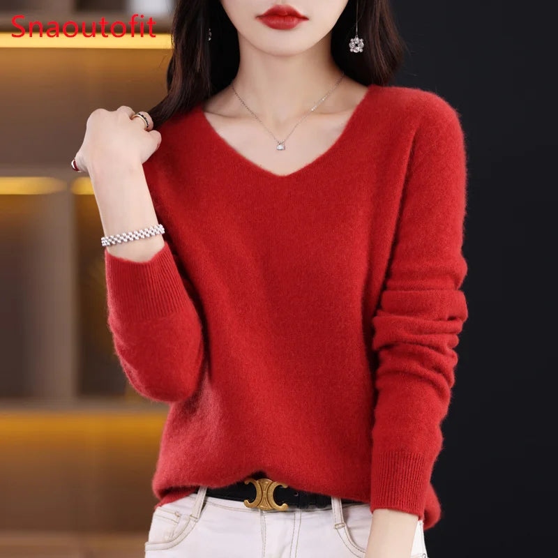 Wool Women's Sweater 2023 Autumn Winter Knitted Pullover V-neck Loose Bottoming Shirt Solid Soft Knitwear Jumpers Basic Sweaters