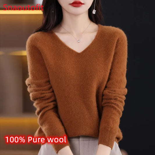 Wool Women's Sweater 2023 Autumn Winter Knitted Pullover V-neck Loose Bottoming Shirt Solid Soft Knitwear Jumpers Basic Sweaters