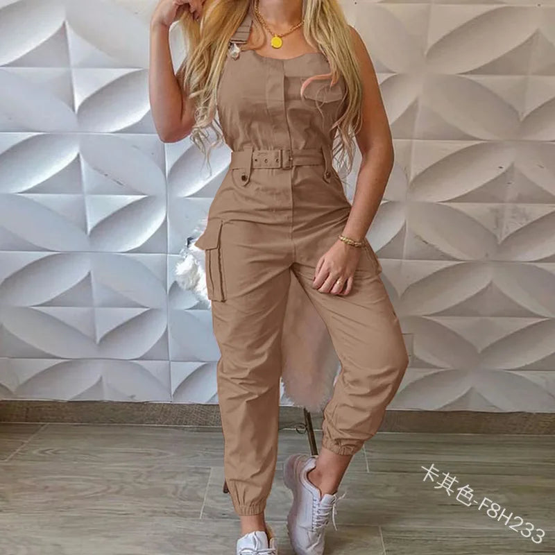 Lady Pink Jumpsuits Casual Sleeveless Polyester Ankle Tied Cargo Jumpsuits For Working Overall Jumpsuits OUFY-689