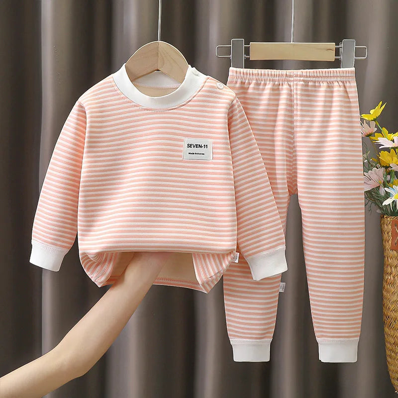 New striped plush warm children's clothing set for boys and girls pajamas clothing pants autumn and winter pajamas 0-5 years old
