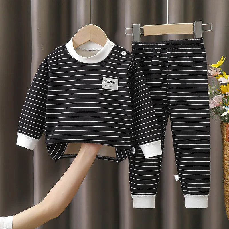 New striped plush warm children's clothing set for boys and girls pajamas clothing pants autumn and winter pajamas 0-5 years old