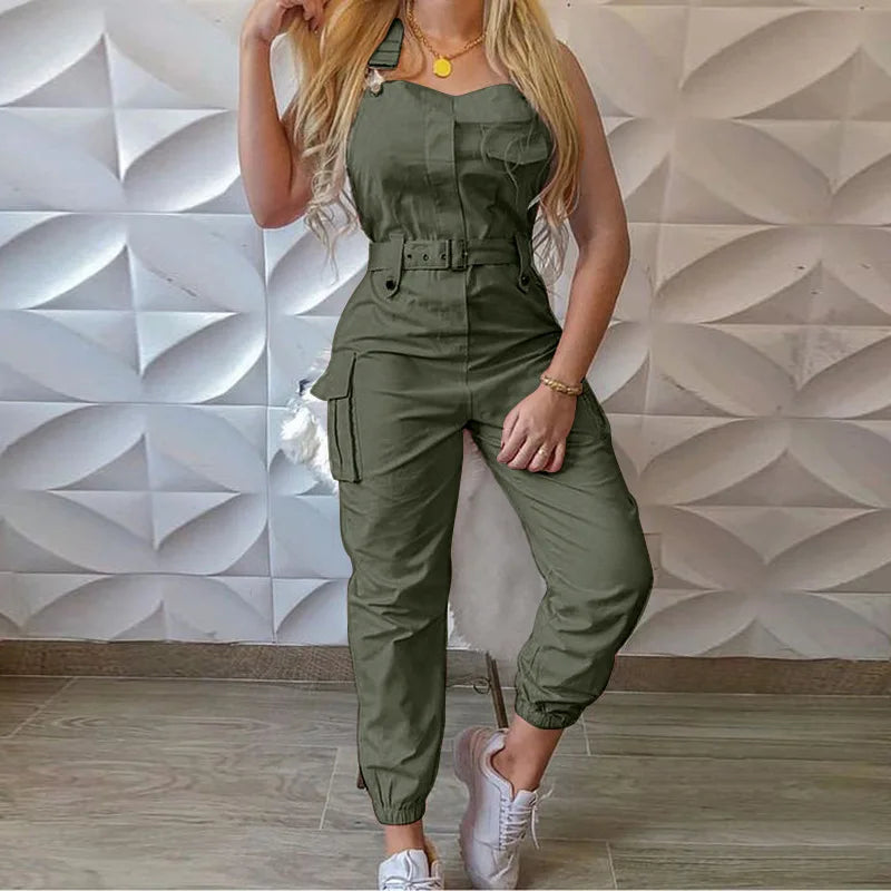 Lady Pink Jumpsuits Casual Sleeveless Polyester Ankle Tied Cargo Jumpsuits For Working Overall Jumpsuits OUFY-689