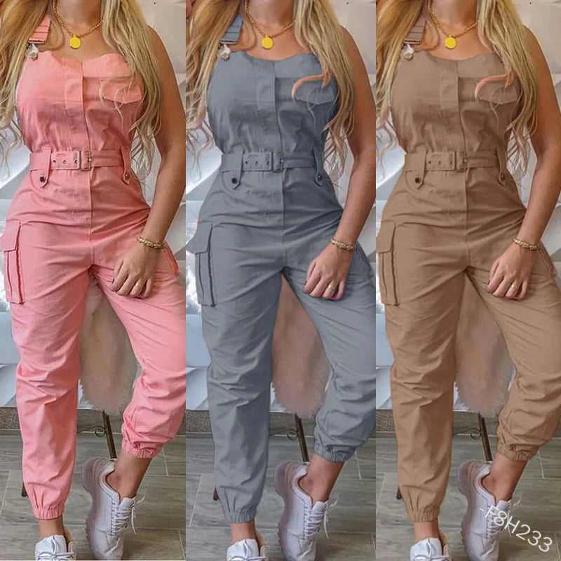 Lady Pink Jumpsuits Casual Sleeveless Polyester Ankle Tied Cargo Jumpsuits For Working Overall Jumpsuits OUFY-689