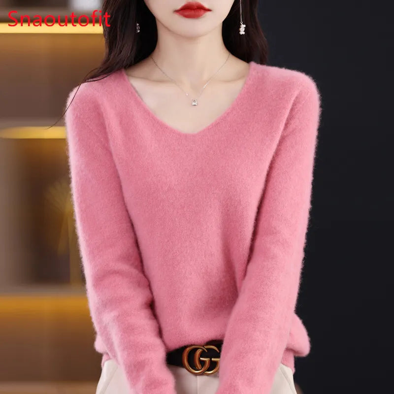 Wool Women's Sweater 2023 Autumn Winter Knitted Pullover V-neck Loose Bottoming Shirt Solid Soft Knitwear Jumpers Basic Sweaters
