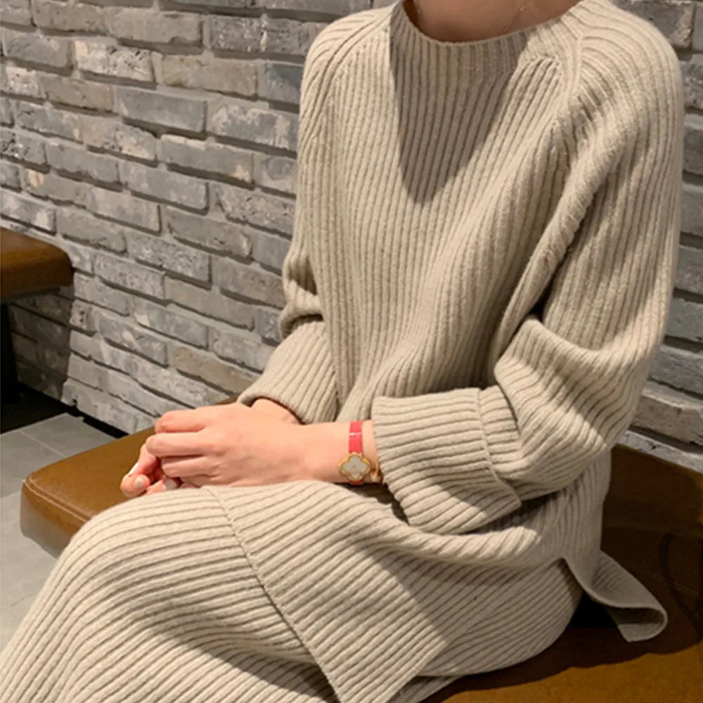 SMTHMA New Fashion Winter Women's Thicken Warm Knitted Pullover Sweater Two-Piece Suits +High Waist Loose Wide Leg Pants Set