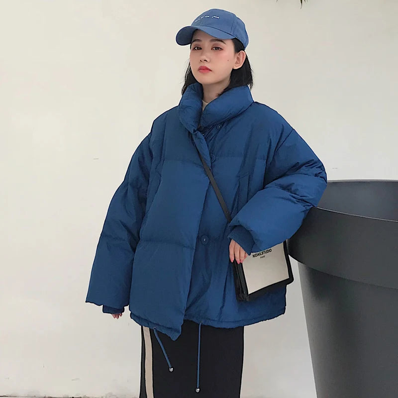 Korean Style 2021 Winter Jacket Parkas Women Stand Collar Solid Black White Female Down Coat Loose Oversized Womens Short Parka